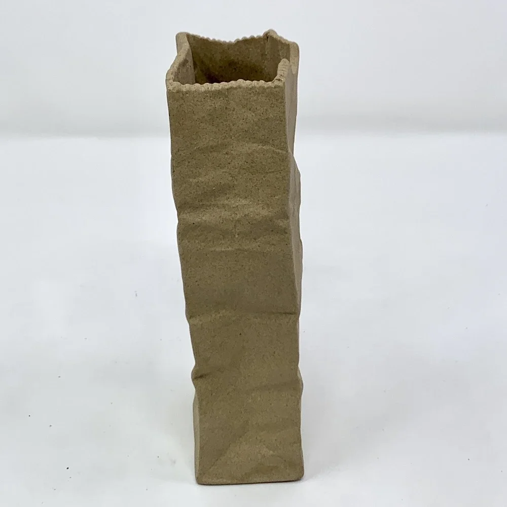 Unique Brown Paper Bag Narrow Ceramic Bud Vase Crinkle Pop Art Shabby Chic